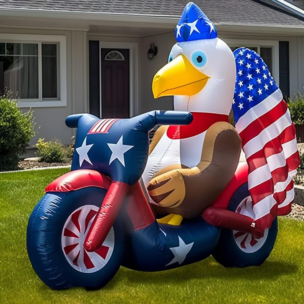GOODENY USA 250th Anniversary Patriotic Inflatable 5FT Eagle on Motorcycle for 4th of July, LED Blow Up Yard