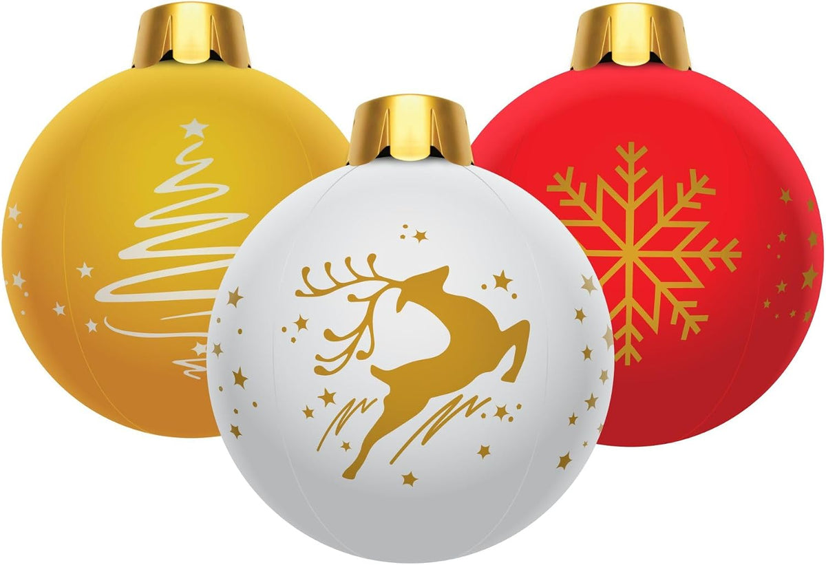 Three large inflatable Christmas ornaments in gold, white and red with gold holiday designs