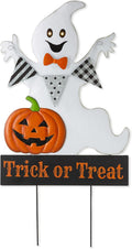 Glitzhome 32" Lighted Halloween Ghost Yard Stake with Timer, Glowing Eyes Metal Outdoor Decor Hanging Sign