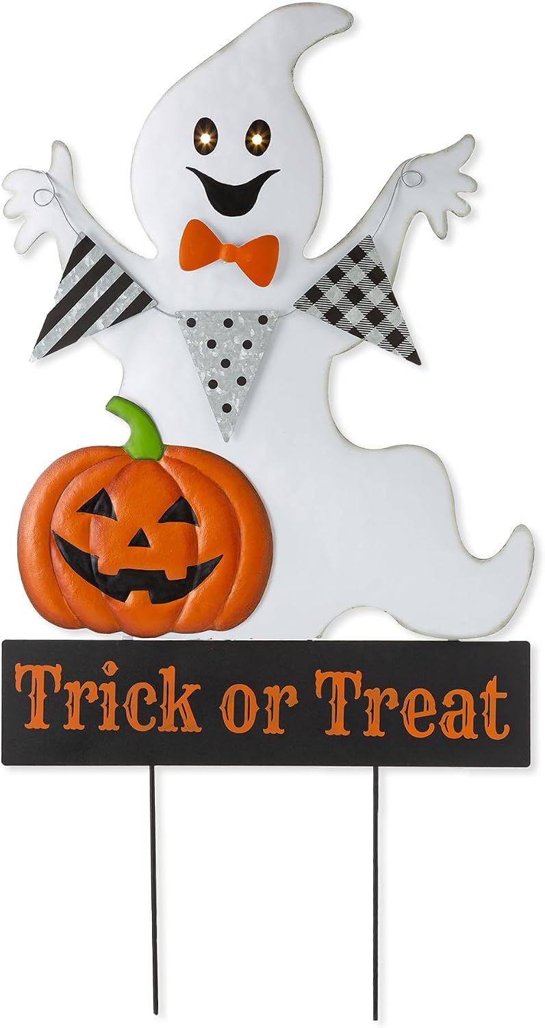 Glitzhome 32" Lighted Halloween Ghost Yard Stake with Timer, Glowing Eyes Metal Outdoor Decor Hanging Sign