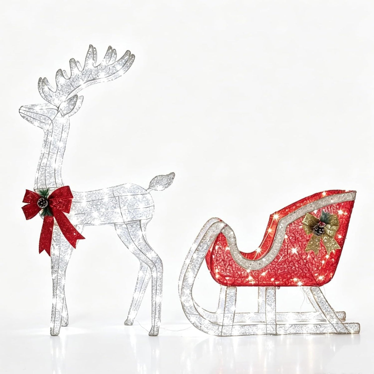 Garvee Lighted Outdoor Christmas 4ft Reindeer & Sleigh Decoration Set, White