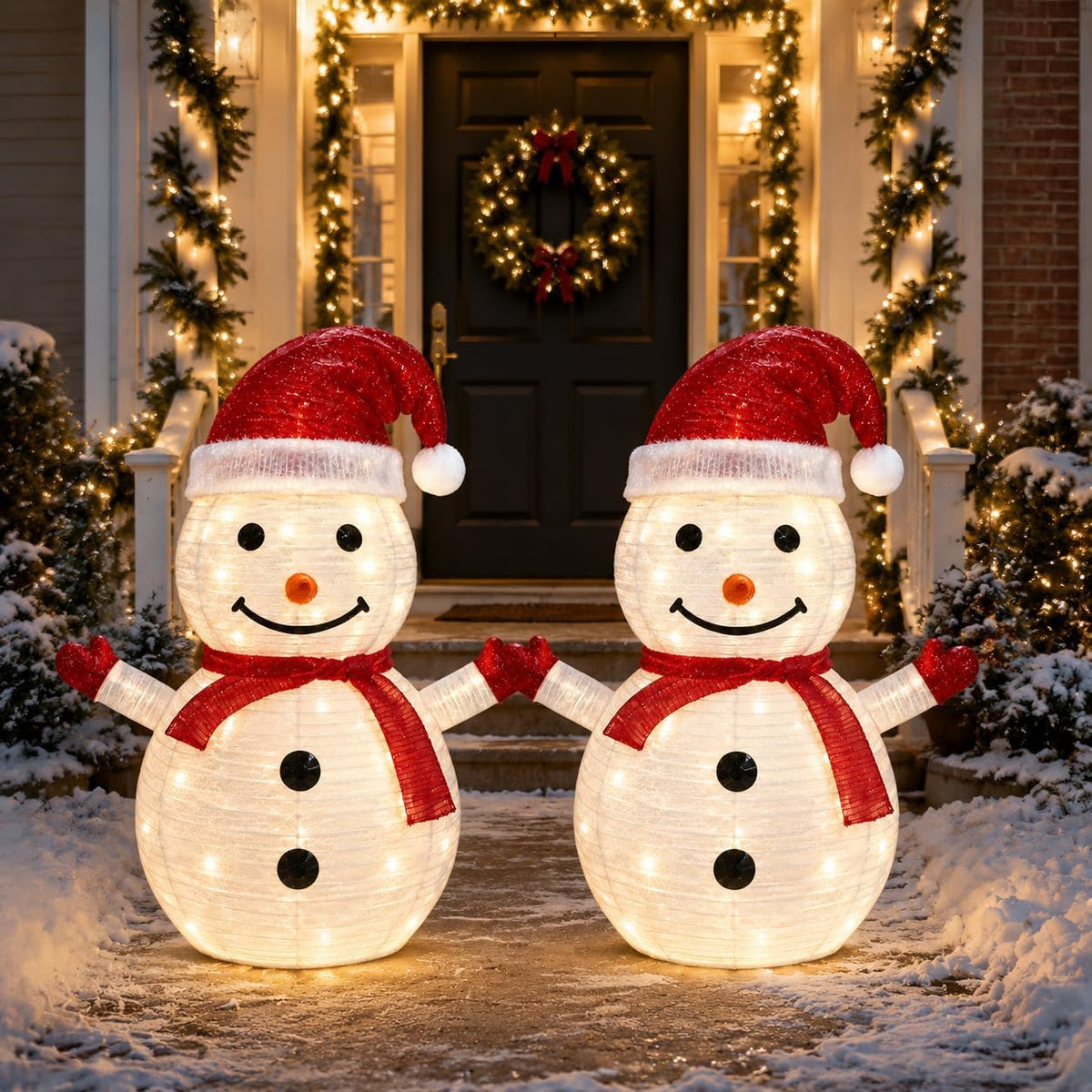 2 Pack Lighted Christmas Snowman Outdoor Decorations, 45 LEDs, 2 Scarves / 2 snowman decorations with 45