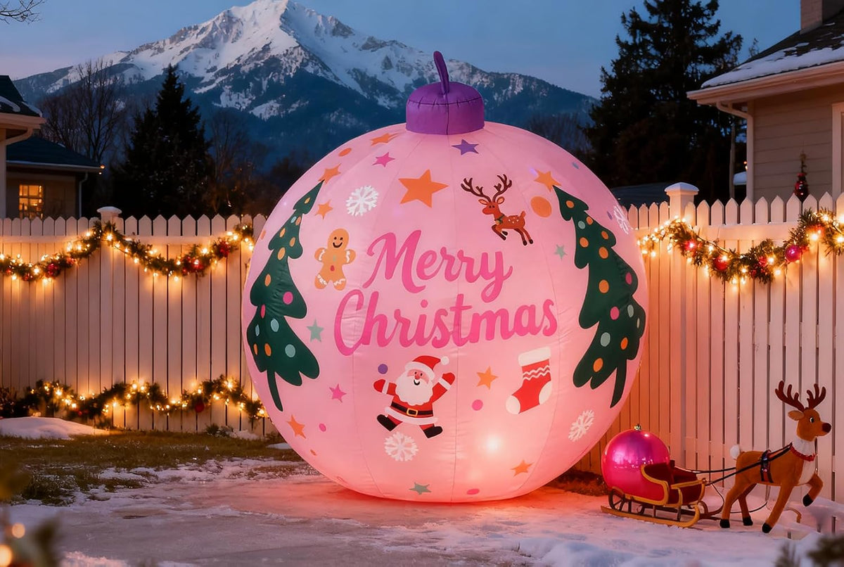 LANGXUN 8ft Christmas Ball Inflatable, Pink, LED / 7-color rotating light, IP44 weatherproof blow up for yard