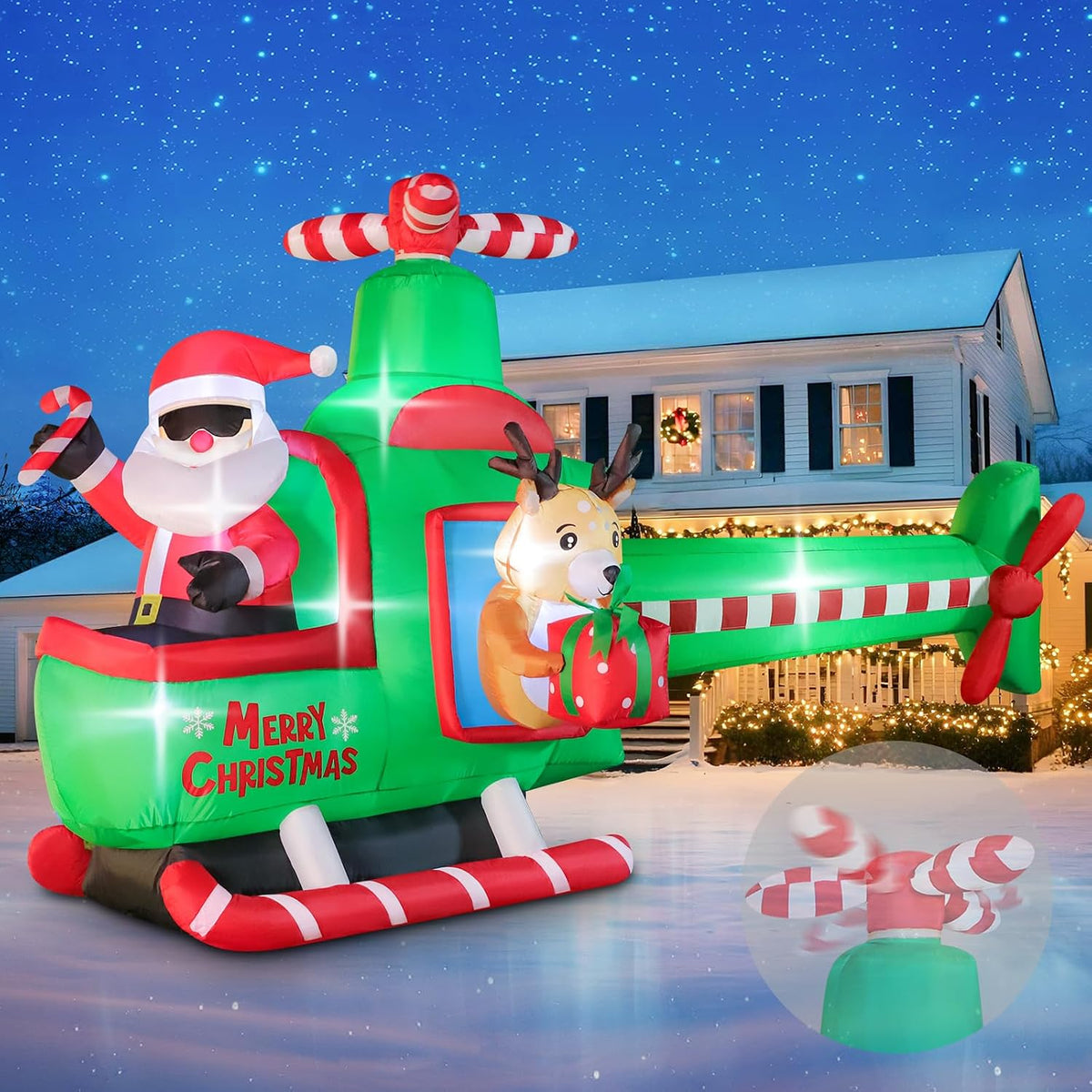 8.5 FT Long Christmas Inflatable Airplane Outdoor Decorations, Blow Up Santa Claus Helicopter with LED