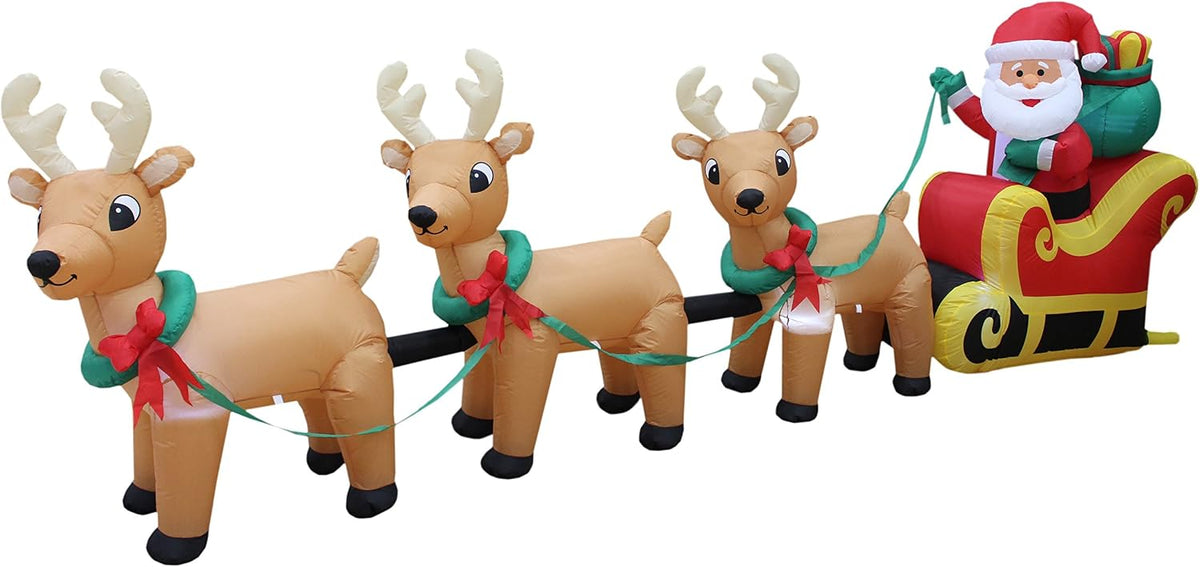 12 FT Long Lighted Christmas Inflatable Santa on Sleigh with 3 Reindeers / Lighted Inflatable, Holiday Yard