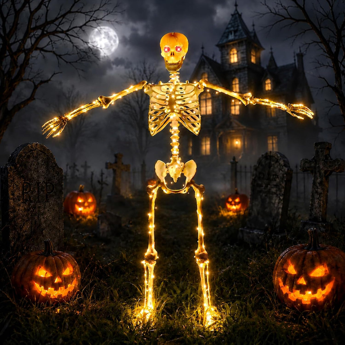 Poseable skeleton lit with warm LED lights and red eyes standing in a graveyard scene with jack-o'-lanterns