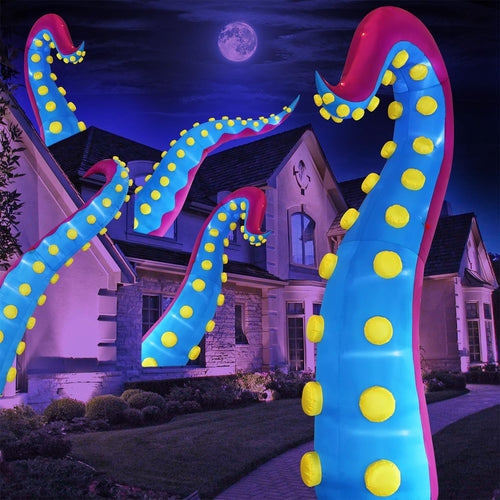 Inflatable purple octopus tentacles with glowing yellow suckers rising in front of a house at night