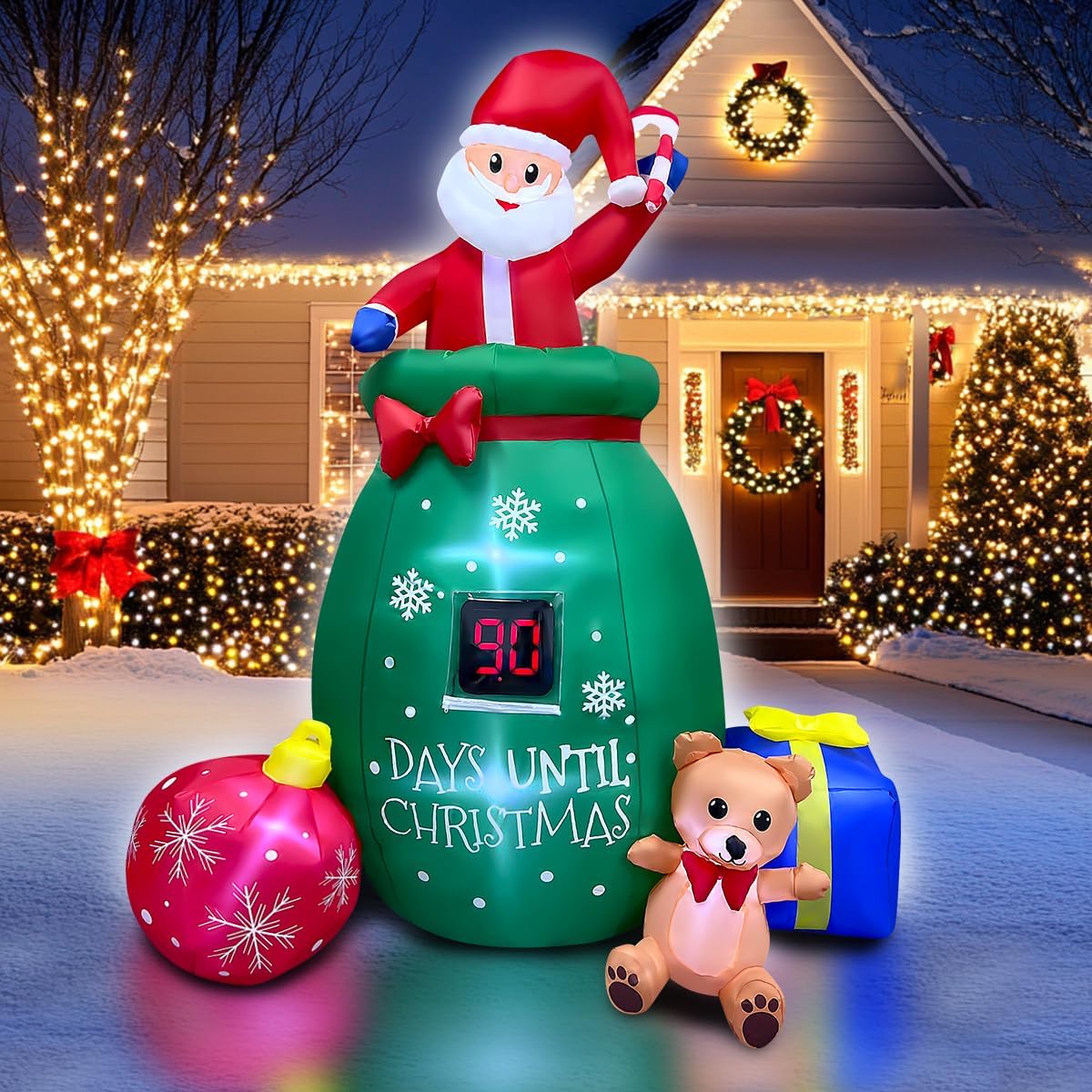 7ft Christmas Inflatables Santa Gift Bag with LED Countdown Decorations Built-in LED Lighted Blow Up