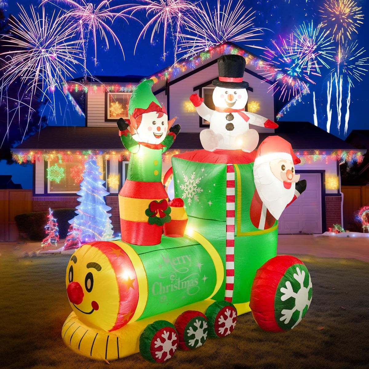 NIORSUN 6FT Train Inflatable Christmas Decorations Outdoor with LED Lights,Inflatable Santa Claus Train with