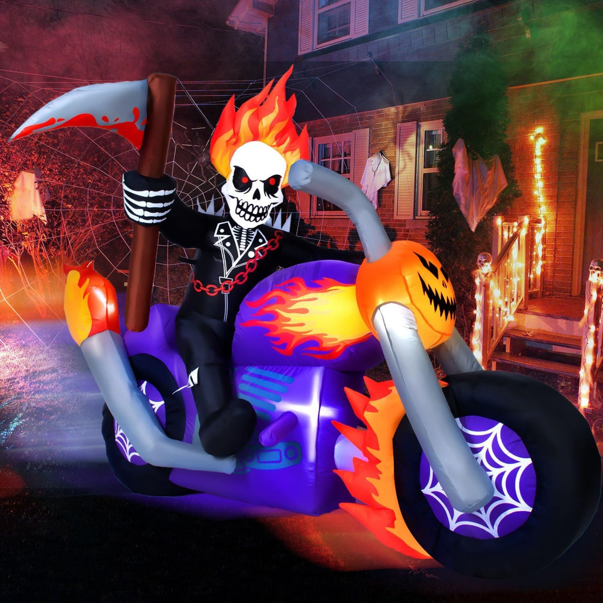 JETEHO 6 FT Halloween Inflatable Grim Reaper Motorcycle with Built-in LEDs / Scary Halloween Blow Up