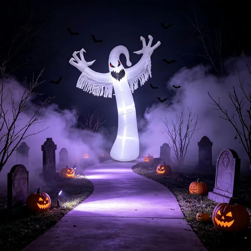 10FT Halloween Inflatables Outdoor Decorationsr，Ghost with Light / Spooky blow‑up ghost with red eyes &
