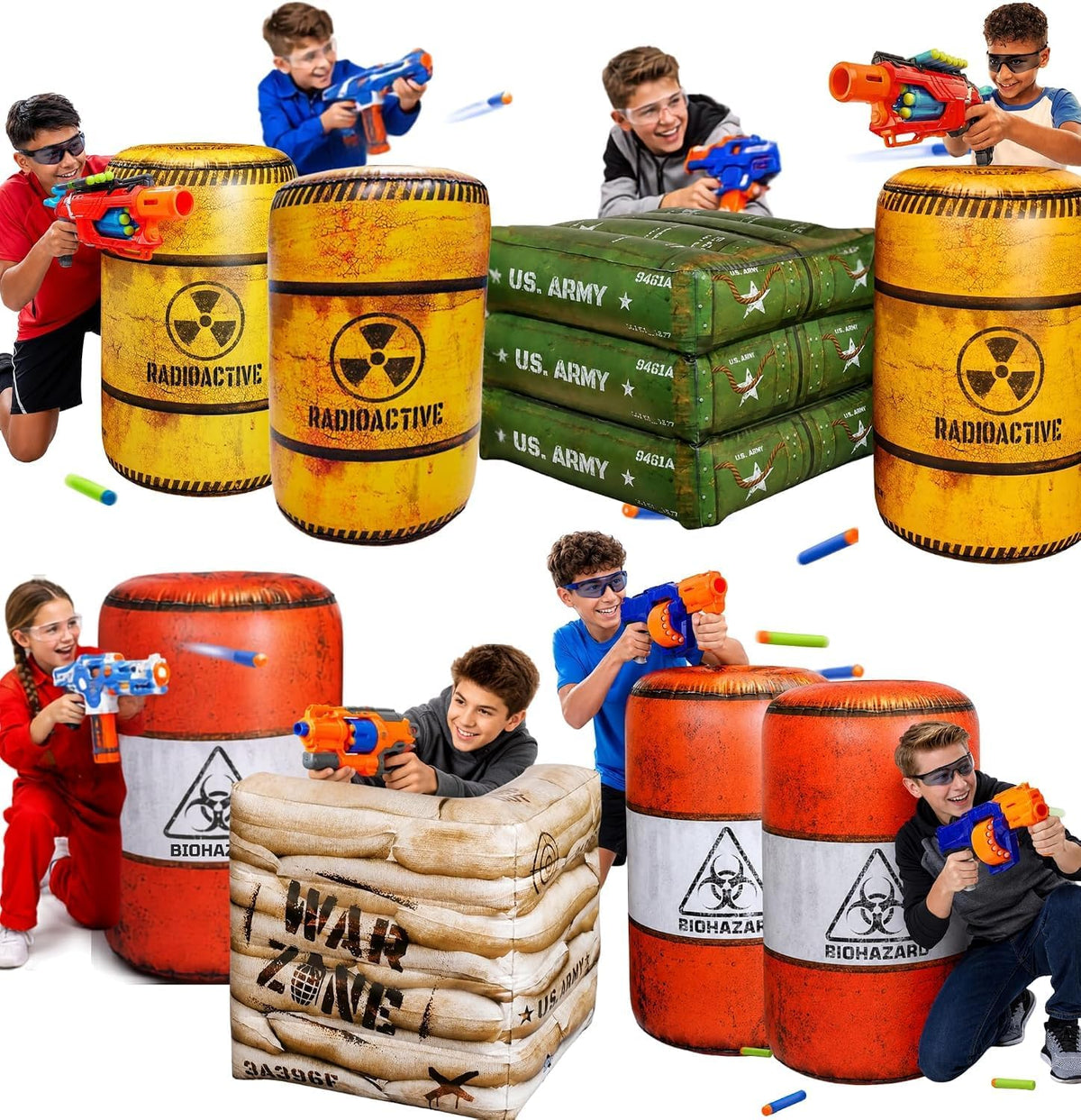 NINOSTAR Package 8 Combat Battle Field Inflatables, 6 Barrels + 1 Sandbag + 1 Army Box, Compatible with Laser