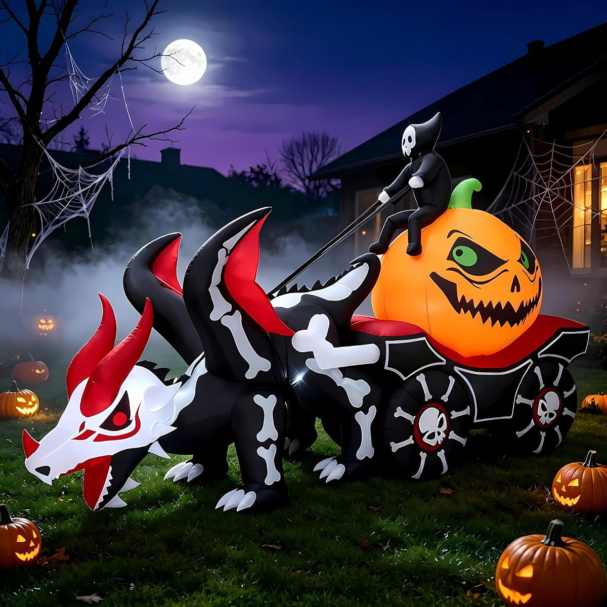 9 FT Halloween Inflatables Pumpkin Carriage, Grim Reaper Driving / Blow Up Pumpkin Carriage with Skeleton