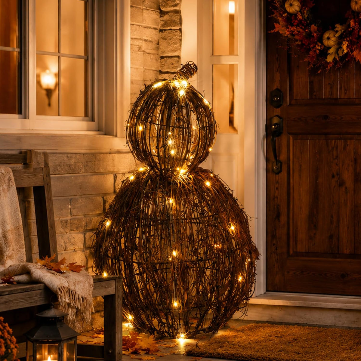 DoubleFill Large 20.5'' Wicker Fall Pumpkin Decoration, Lighted / Stackable, 12.6", 7.9", Rattan Woven