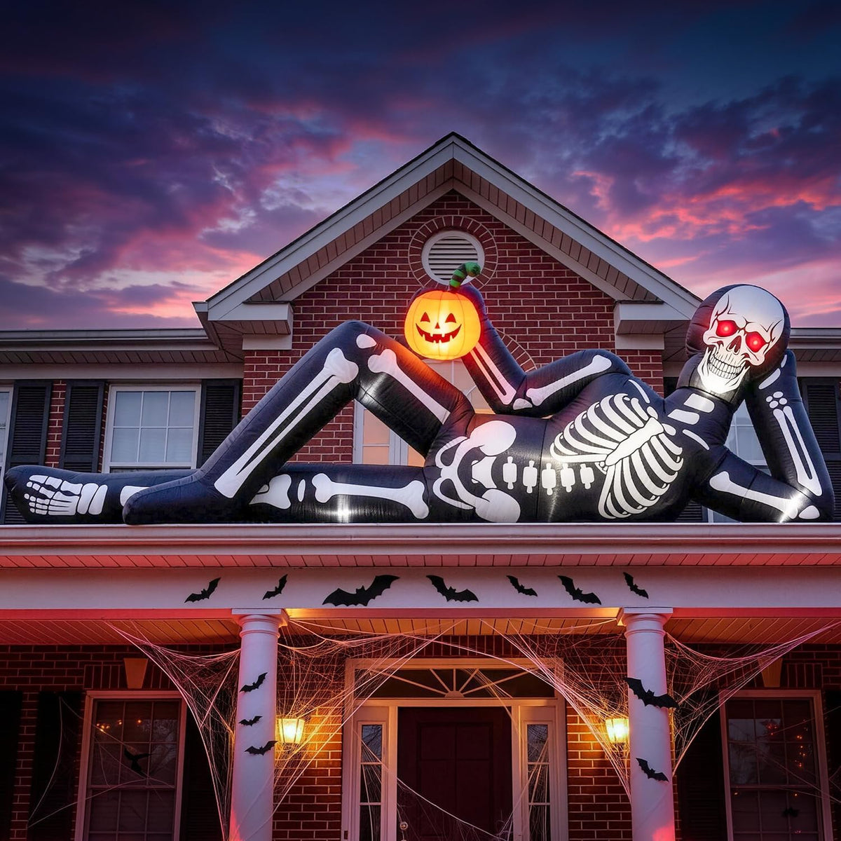 12FT Halloween Inflatable Lying Skeleton Decoration Holding Pumpkin Trunk / Giant Blow Up Reclining Skull