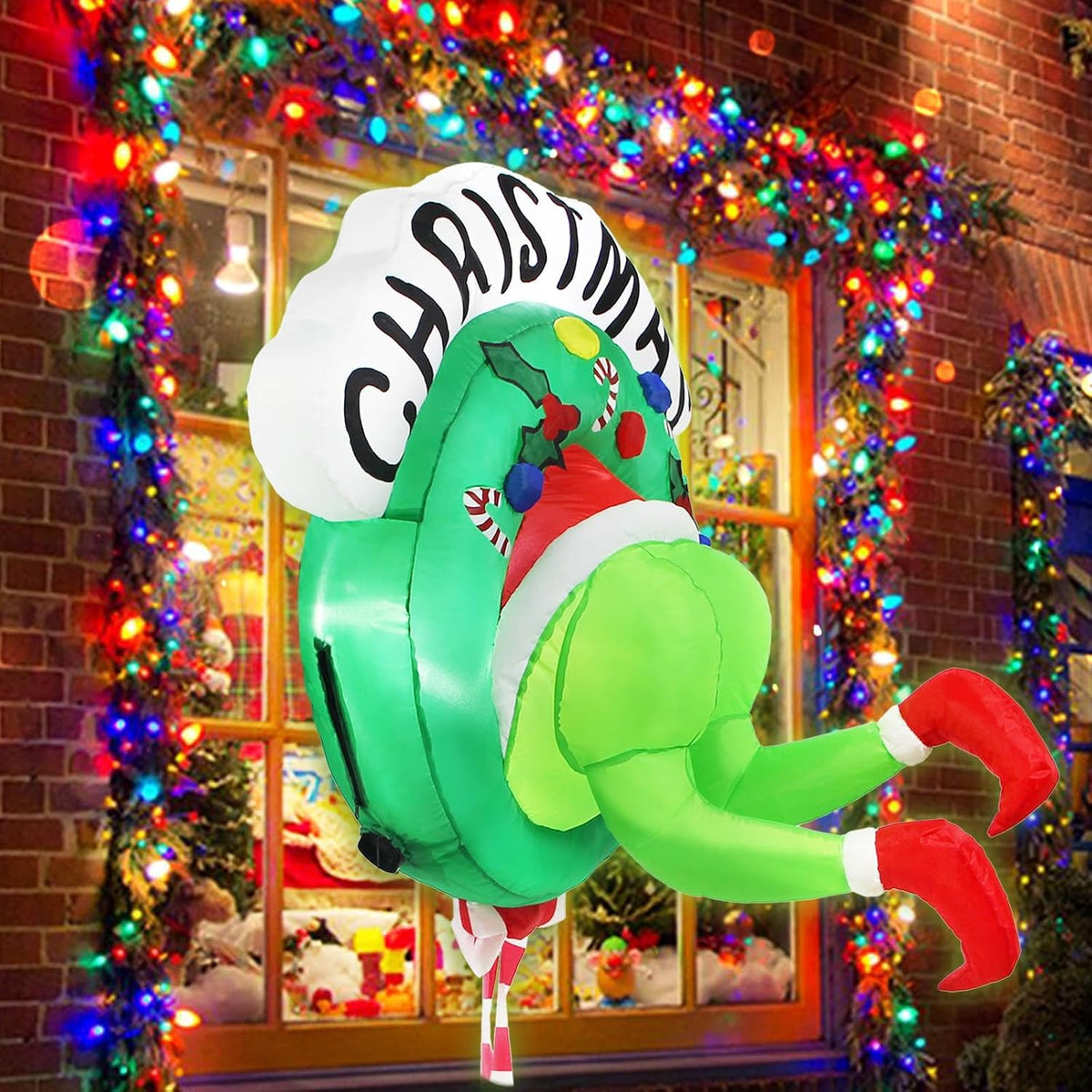 3.5FT Christmas Inflatable Outdoor Decorations Broke Out from Window with Wreath, Lighted Blow Up Yard Decor