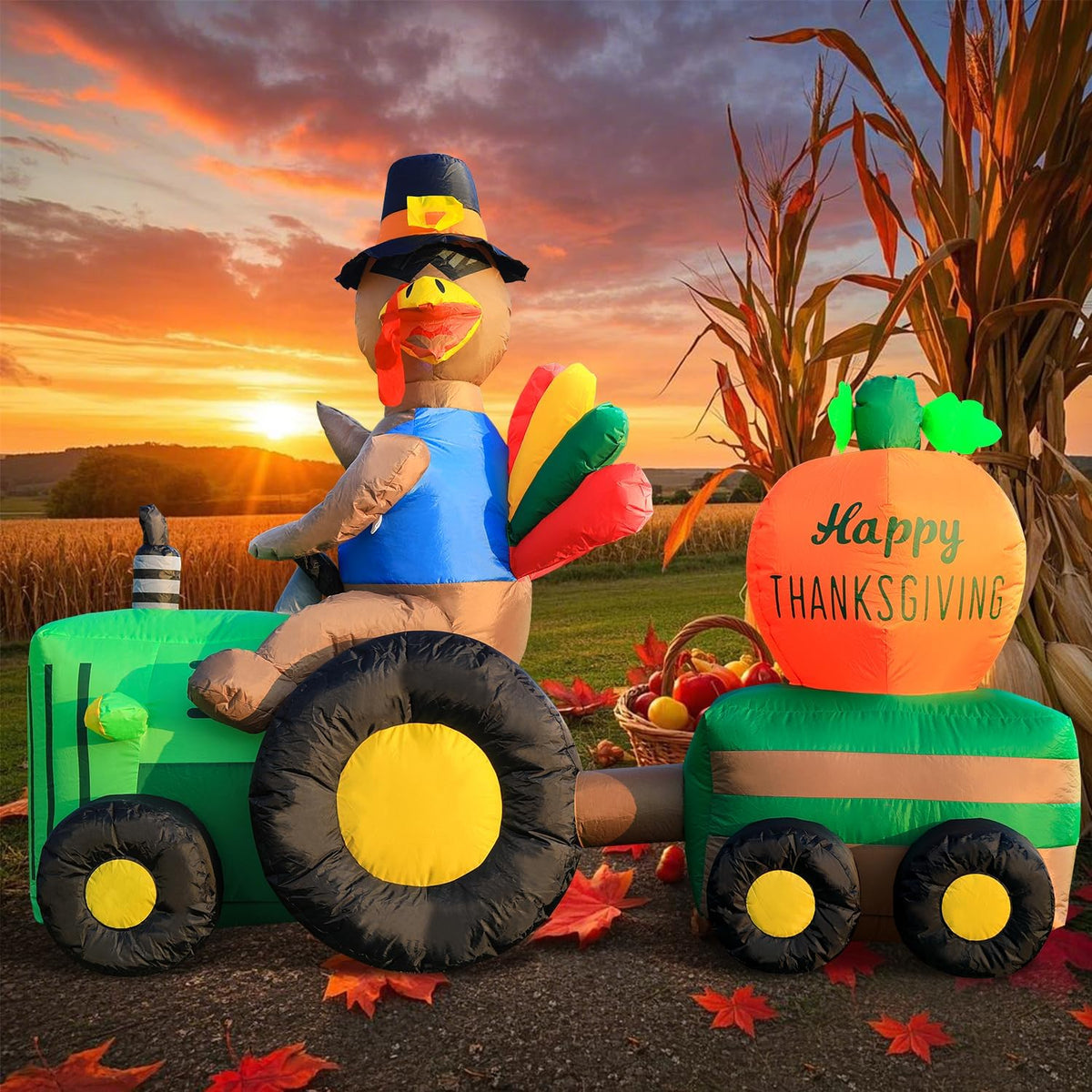 DomKom 6FT Thanksgiving Inflatables Tractor, Fall Blow up Turkey Drive Tractor with Colorful Tail and Pumpkin