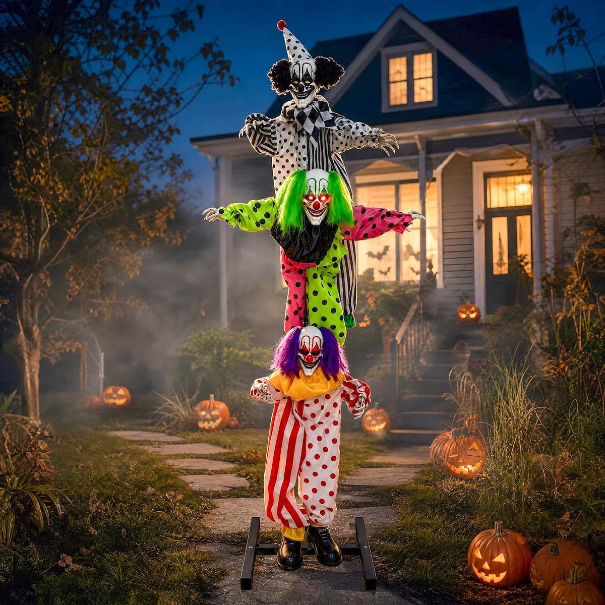 TW SHINE 6FT Halloween Clowns Animatronic Decorations Outdoor / Sound Activated Life-Size Animated Stacked