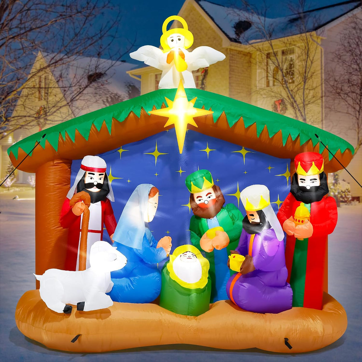 8FT Christmas Inflatables Nativity Scene, Blow Up Christmas Outdoor Decor / Self-inflatable, Powerful Air