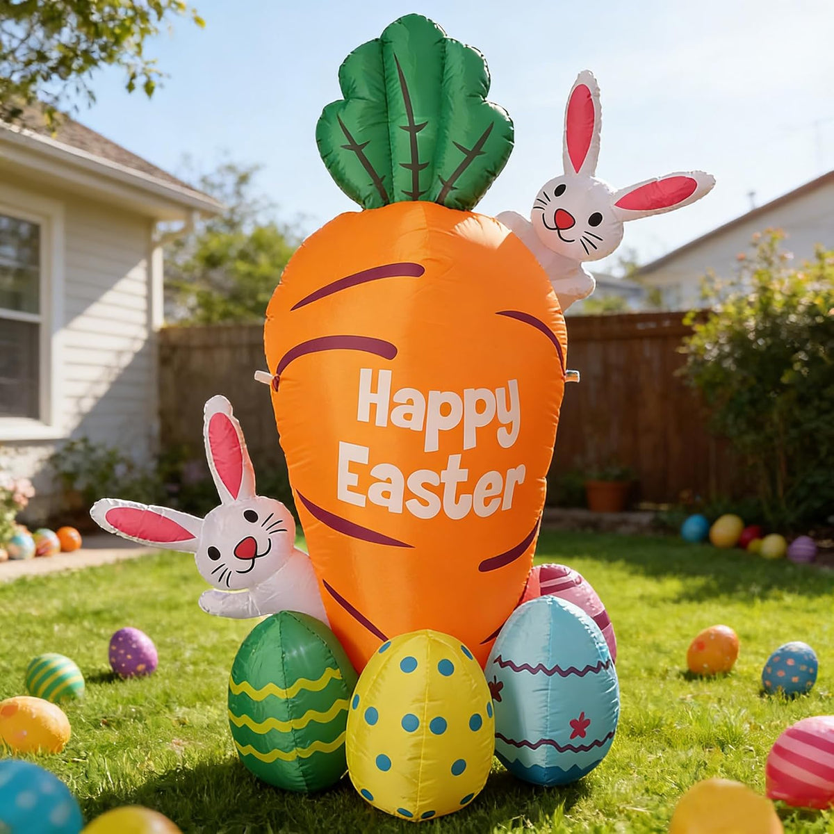 VURPOKSI 6.5 ft Inflatable Easter Decoration - Lighted Blow Up Carrot with 2 Cute Rabbits, Waterproof Easter