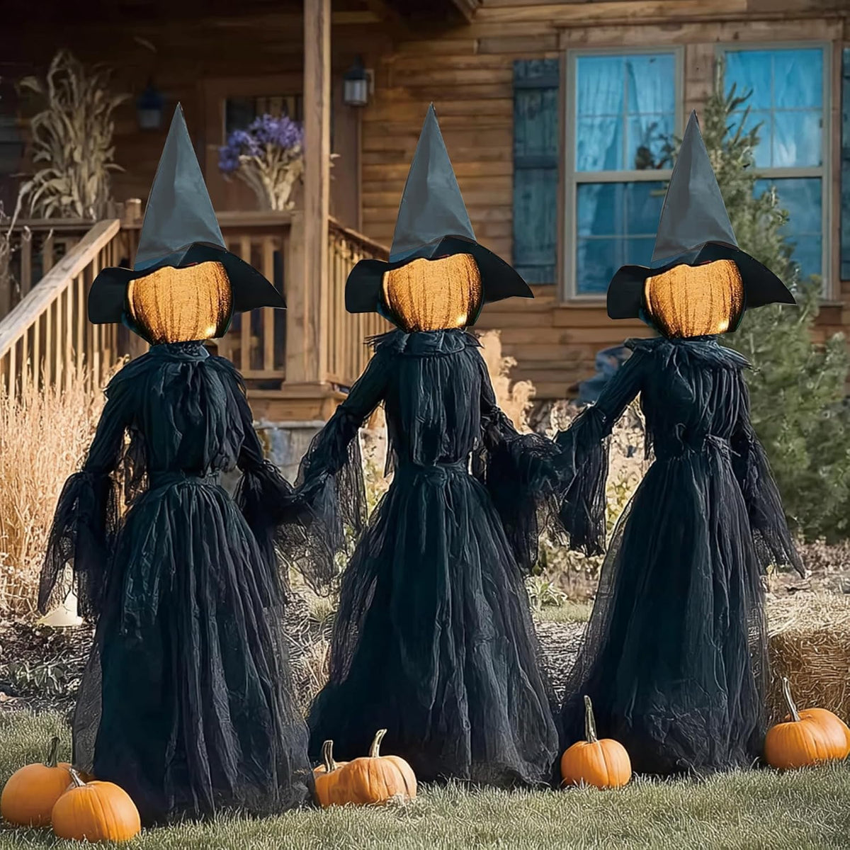 Hourleey Halloween Decorations Outdoor, 3 Pack 5 FT Holding Hands Lighted Witches Stakes with Glowing Face,