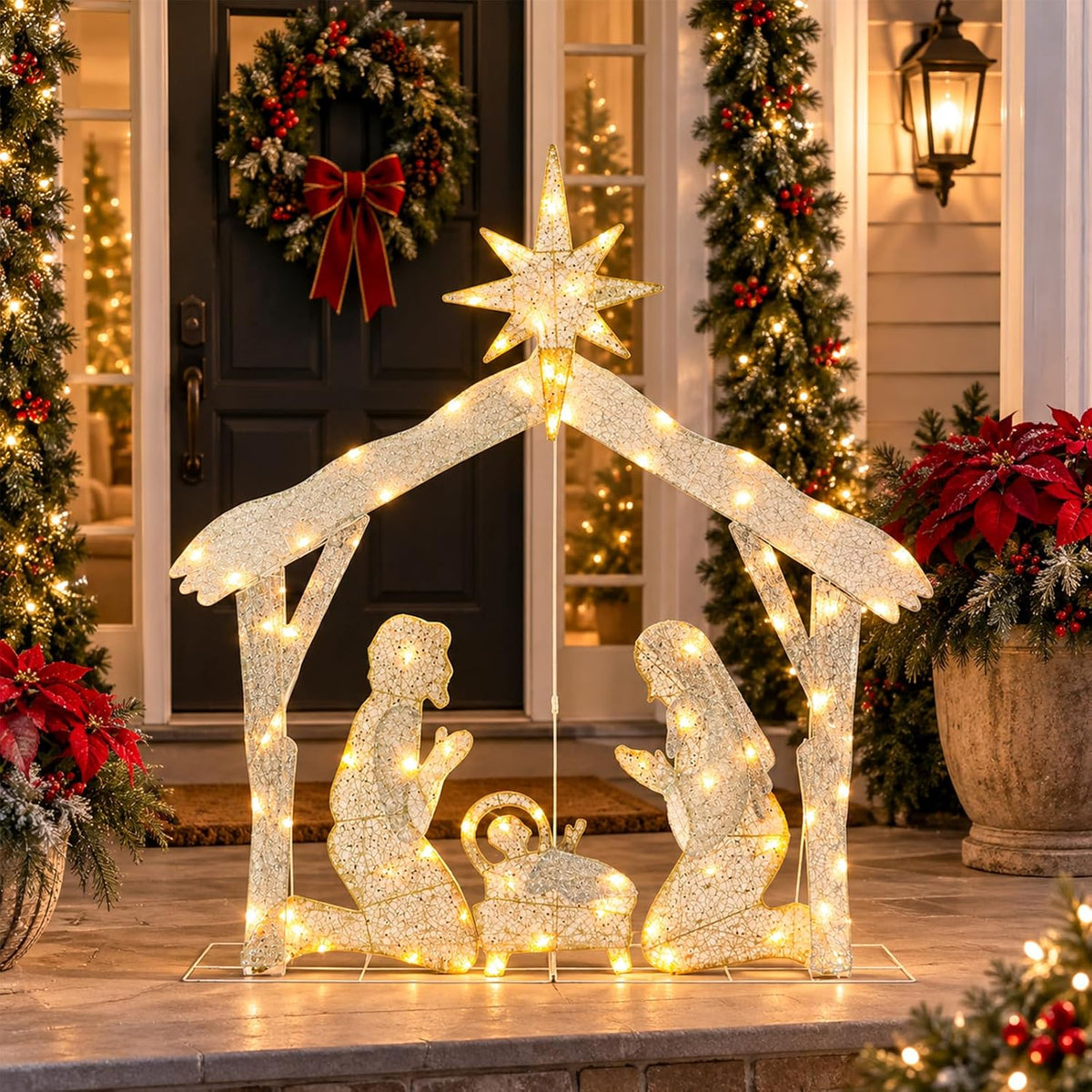 MUMTOP Christmas Lighted Nativity Scene Outdoor Decoration & Home Display / 4FT Pre-lit Christmas Holy Family