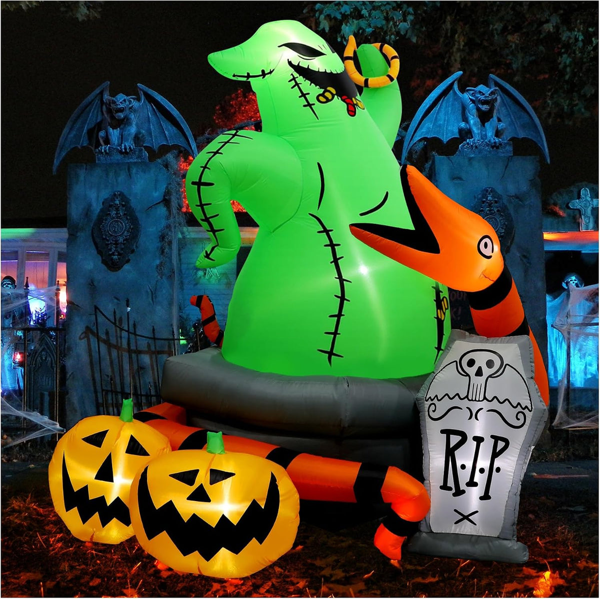 6FT Halloween Outdoor inflatables Decorations,Halloween Blow Up Green Monster Python Decorations with LED