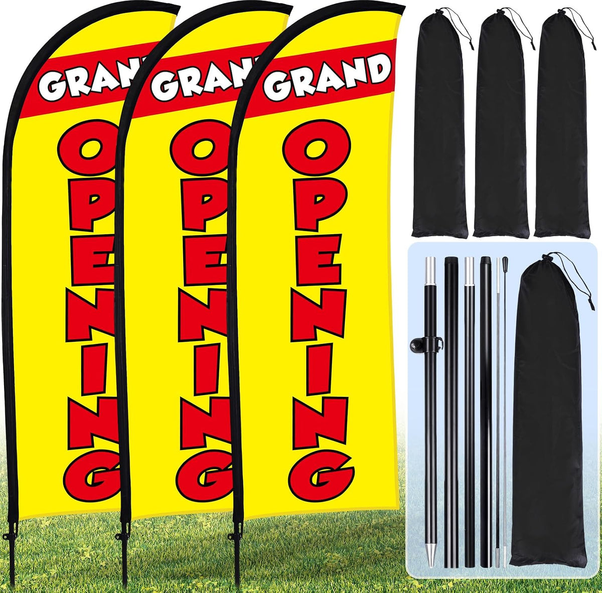 Buryeah 3 Set Grand Opening Feather Flag Banner with Pole Kit 7ft, Yellow / Grand Opening Swooper Flags, Ad