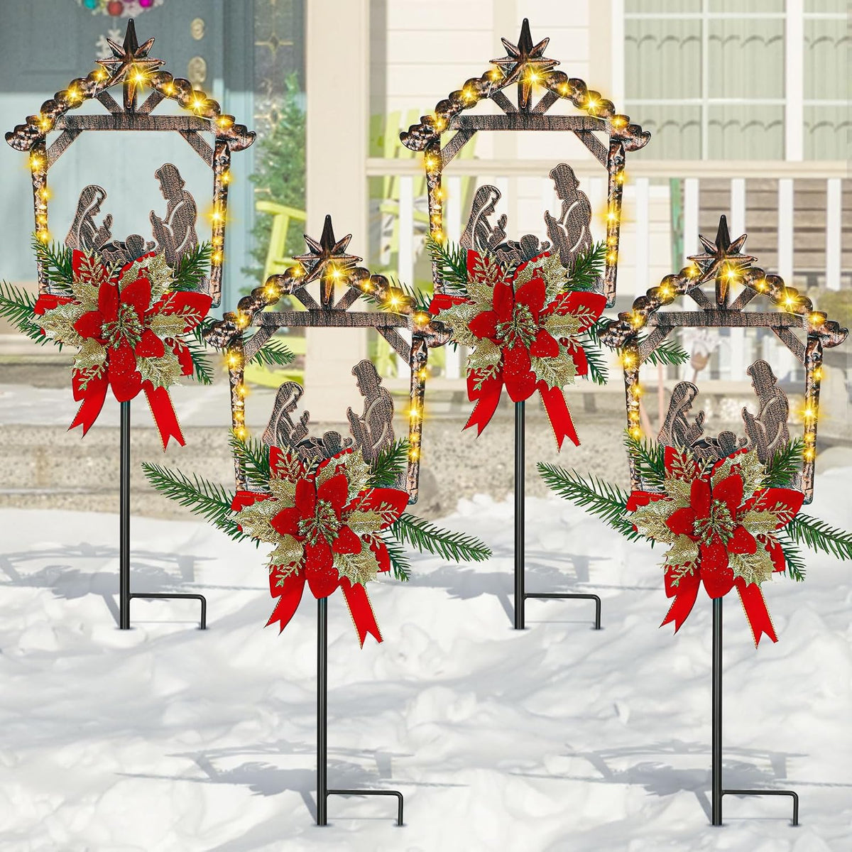 Moukeren 4 Pcs 3.5ft Nativity Scene Outdoor Yard Stakes, Solar Lighted Outdoor Metal Christmas Nativity Scene