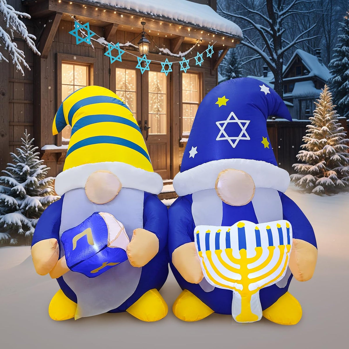 4FT Hanukkah Inflatable Gnome Couple, Menorah & Dreidel, LED Yard Decor / Hanukkah Gnome Couple with Menorah,