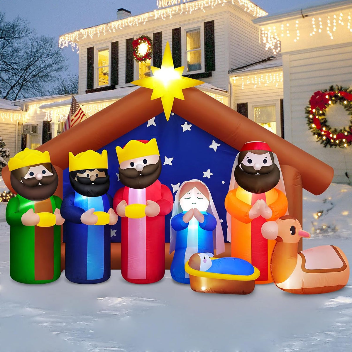 8FT Long Christmas Inflatables Outdoor Nativity Scene Manger Decoration / Build-in LEDs, Giant The Birth of