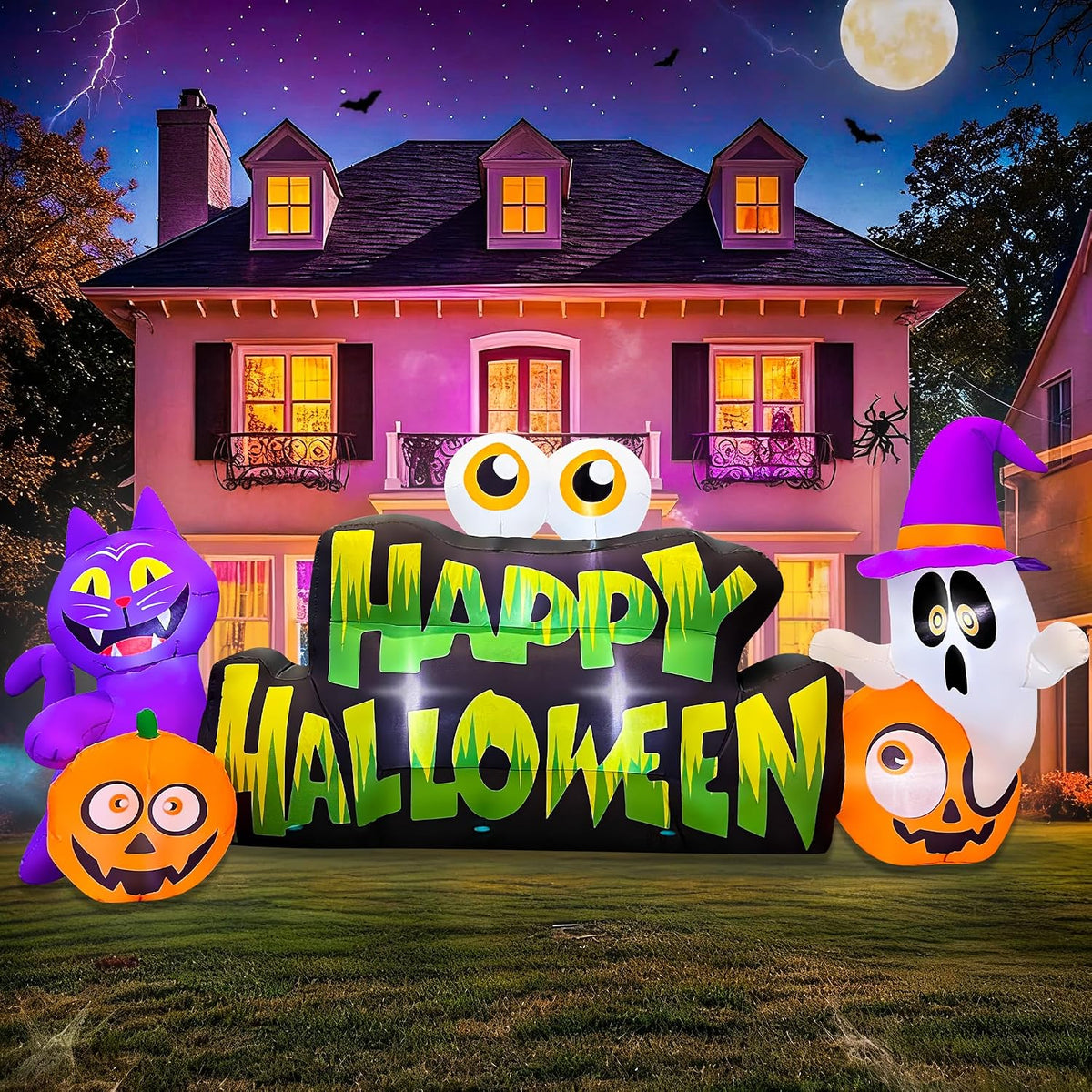 BLOWOUT FUN 10FT Halloween Inflatable Ghost Pumpkin Eyeballs Cat Banner / Build-in Lights Holiday Blow Up Y