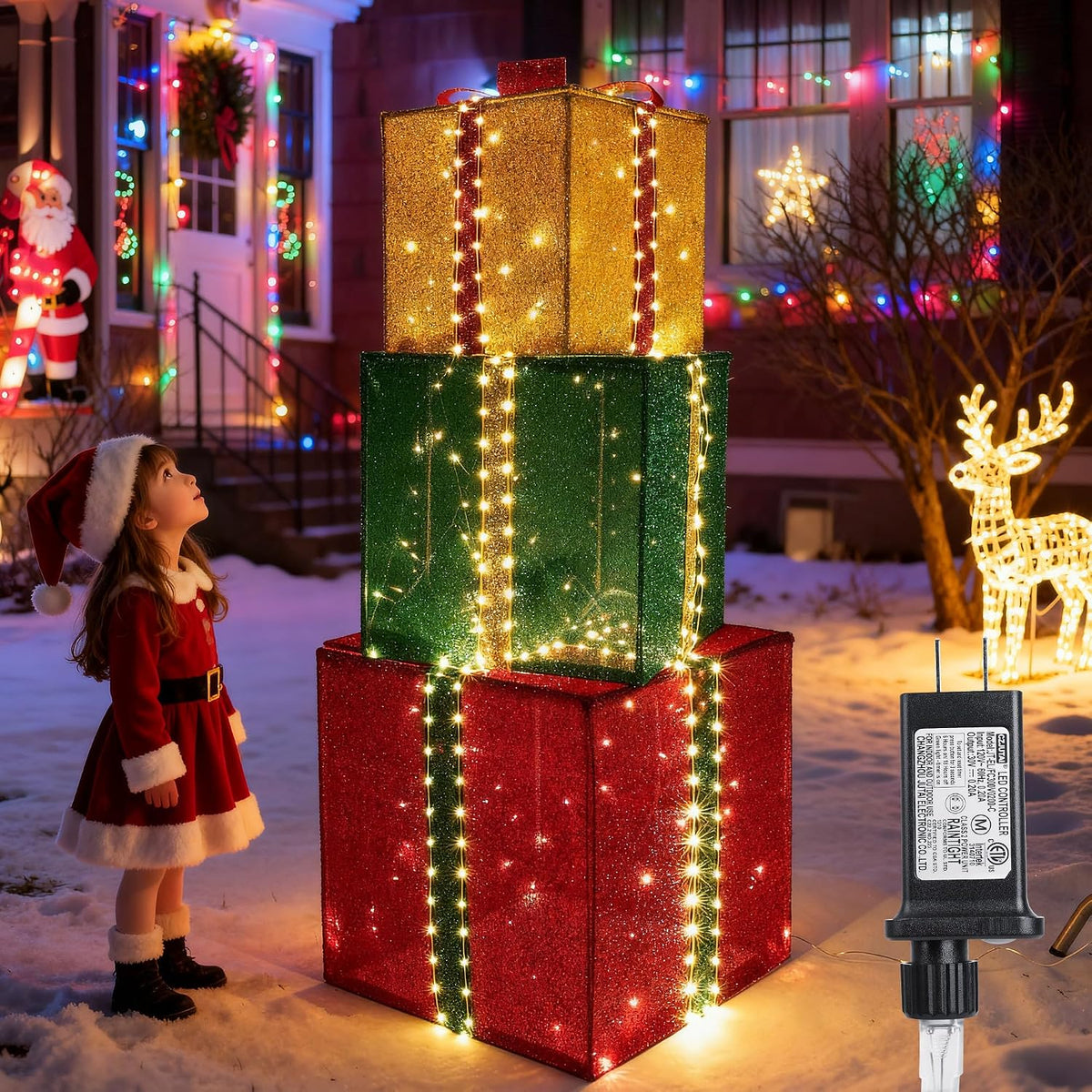 Lomotech Christmas Decoration Outdoor - Set of 3 Larger Lighted Gift Boxes / Prel-Lit Gift Boxes with Timer,