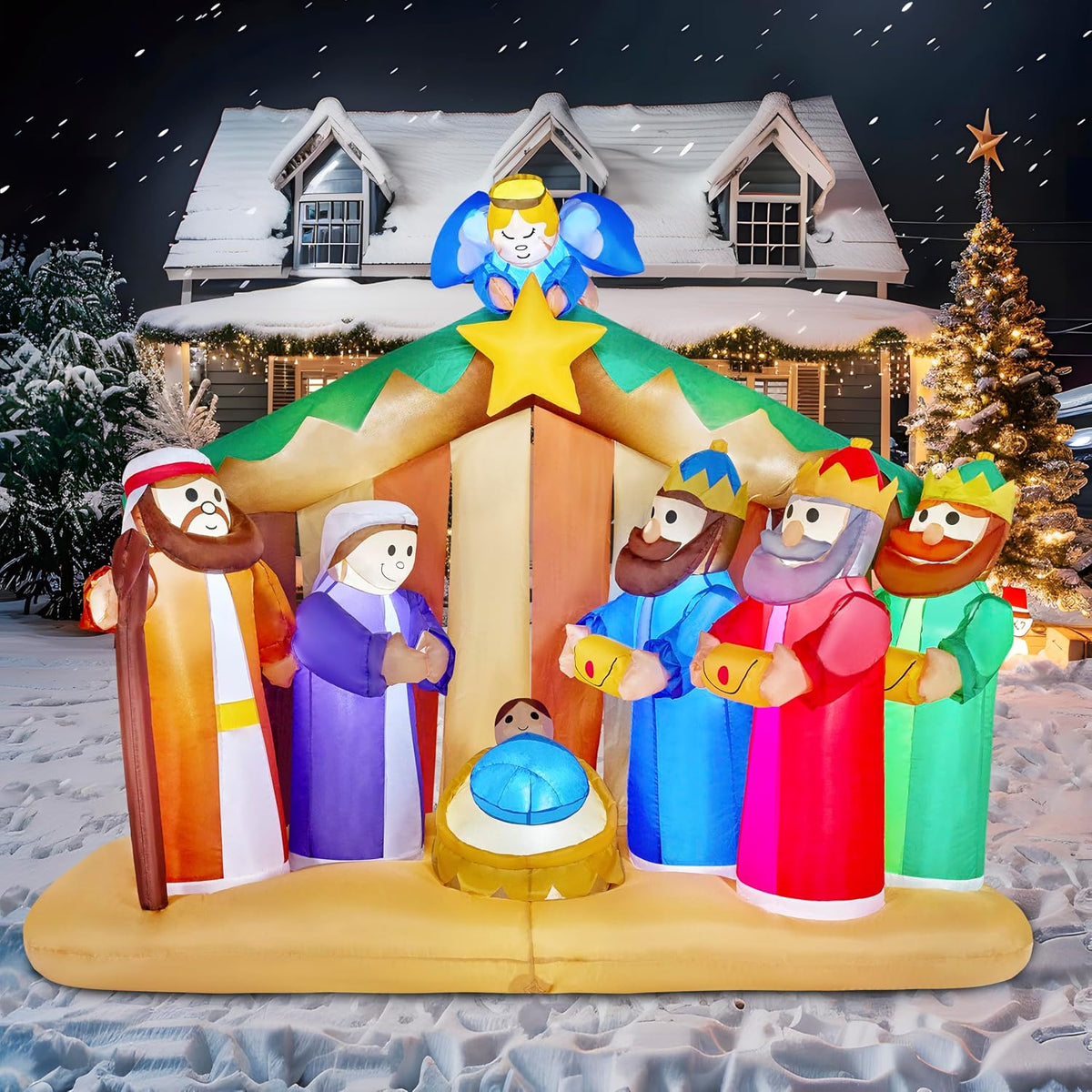Joiedomi 6.5 FT Long Christmas Inflatable Nativity Scene with Angels with Build-in LEDs Blow Up Inflatables